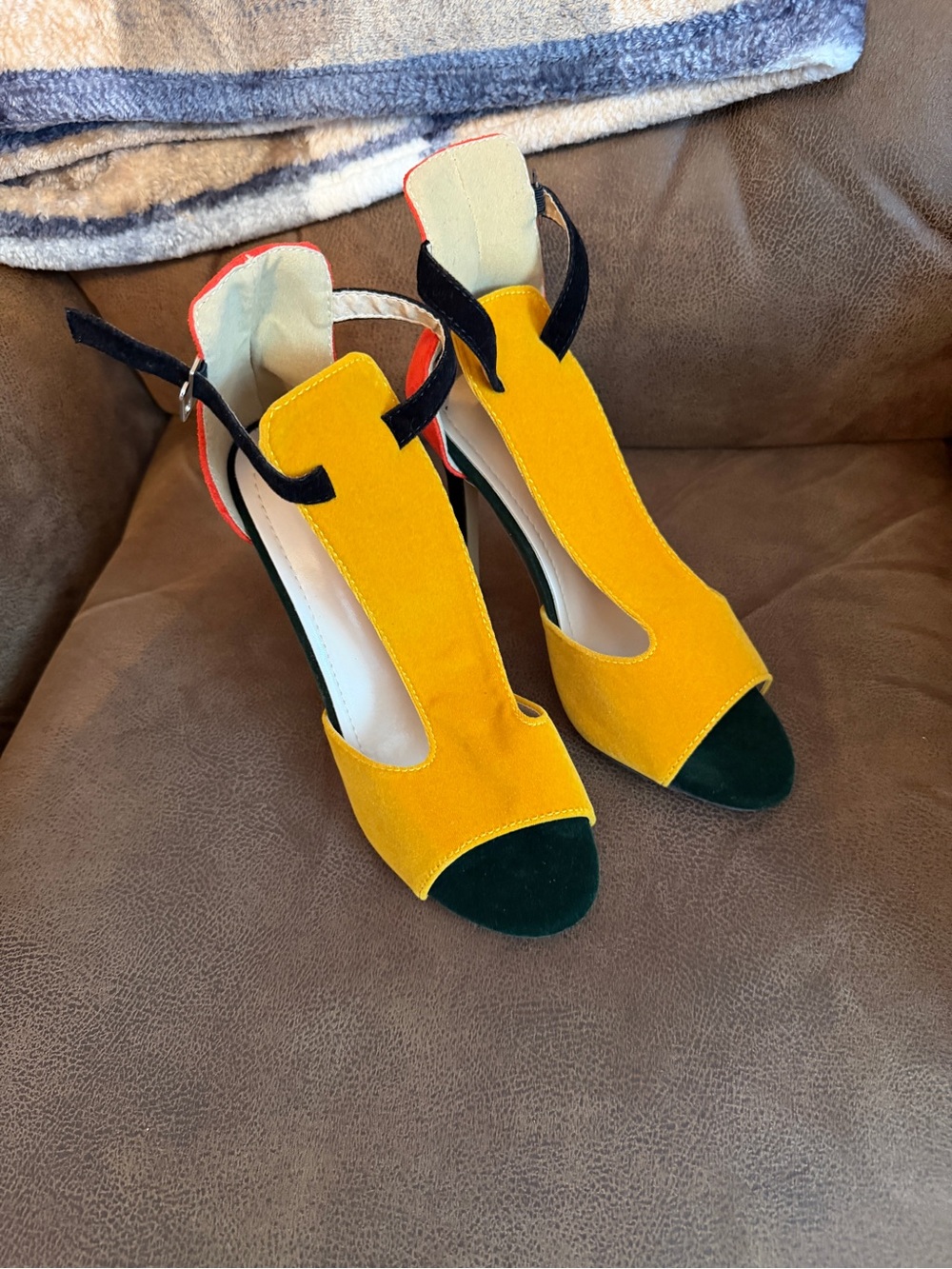 Women’s Mustard Yellow and Dark Green Suede Open-Toe Heels